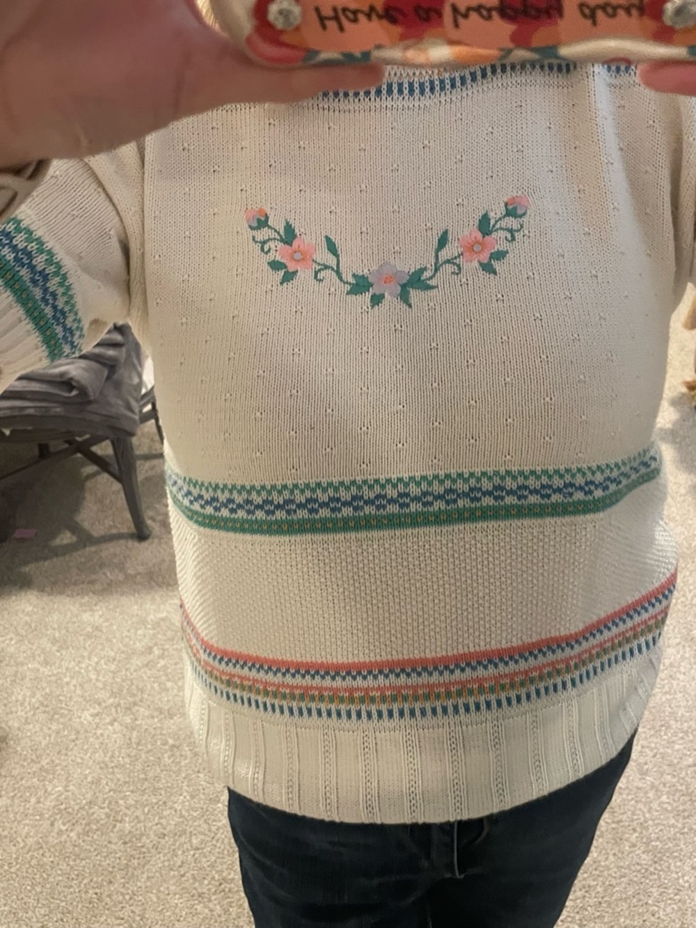 Vintage Cottage Core Cream Floral-Trim Crewneck Sweater